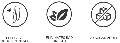 Effective Odour Control. Eliminates Bad Breath. No Sugar Added